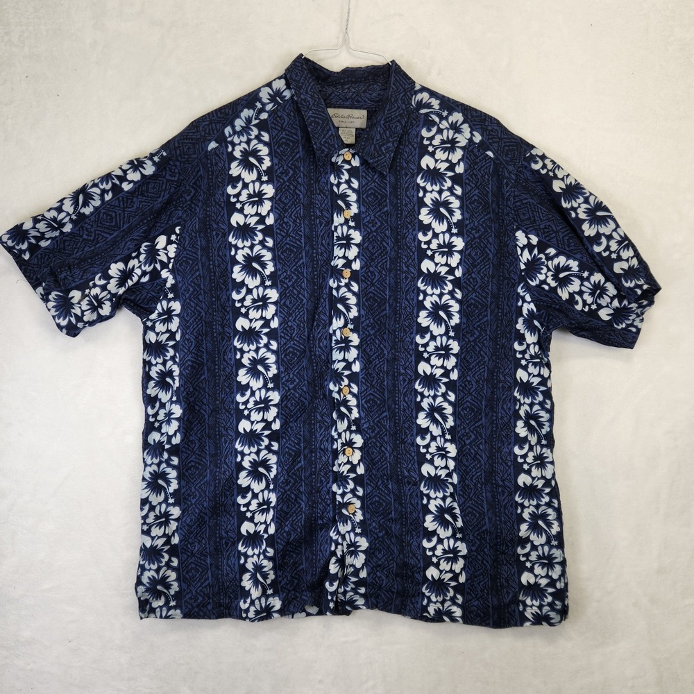 Eddie Bauer‎ Mens XL Blue Floral Hibiscus Linen Blend Aloha Camp Shirt SS